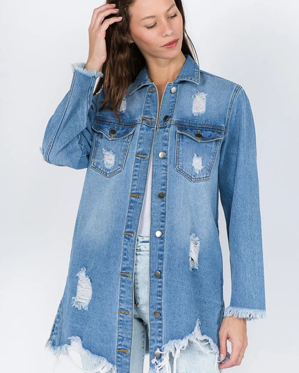American Bazi Distressed Frayed Hem Denim Jacket 