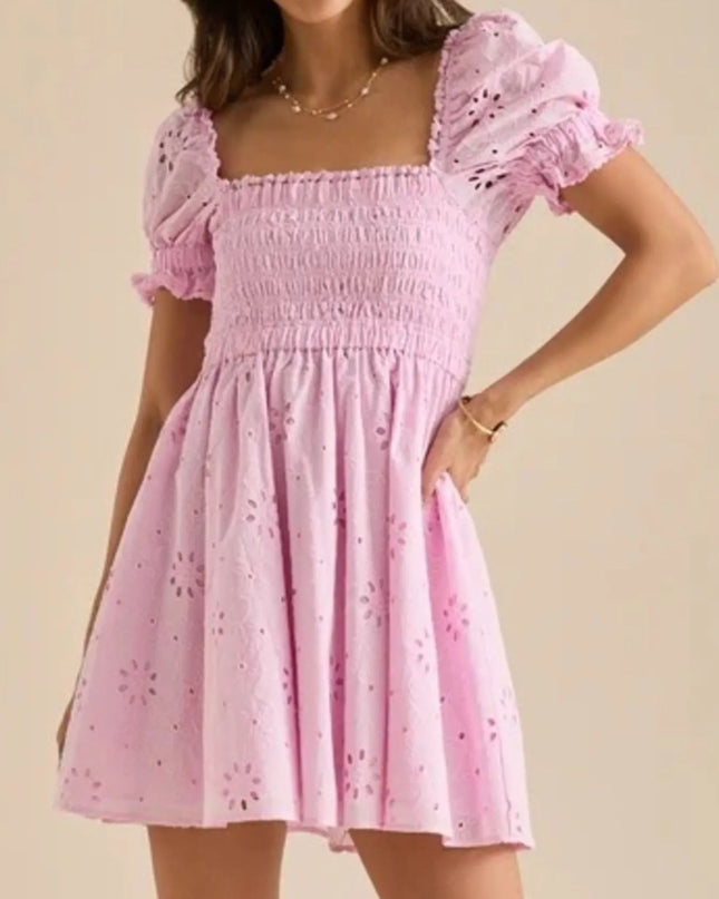 Eyelet Puff Sleeve Smocked Mini Dress