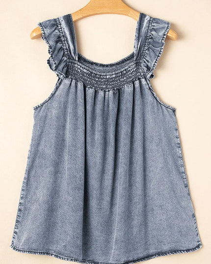 Ruffled Shirred Denim Top