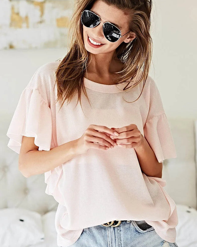 BiBi Thermal Knit with Ruffled Sleeve Top