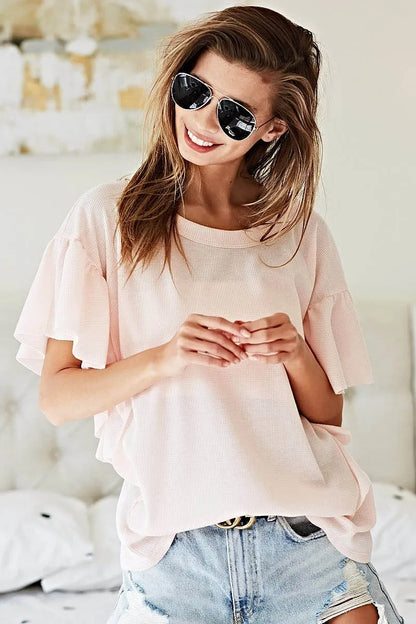 BiBi Thermal Knit with Ruffled Sleeve Top