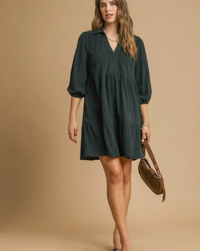 Umgee Tiered Johnny Collar Balloon Sleeve Dress HUNTER GREEN