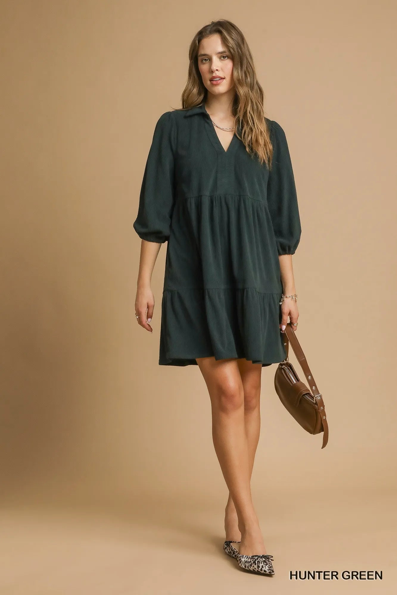 Umgee Tiered Johnny Collar Balloon Sleeve Dress HUNTER GREEN