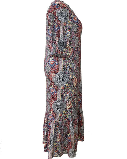 Full Size Bohemian Paisley Print Ruffle Hem Midi Dress Plus Size