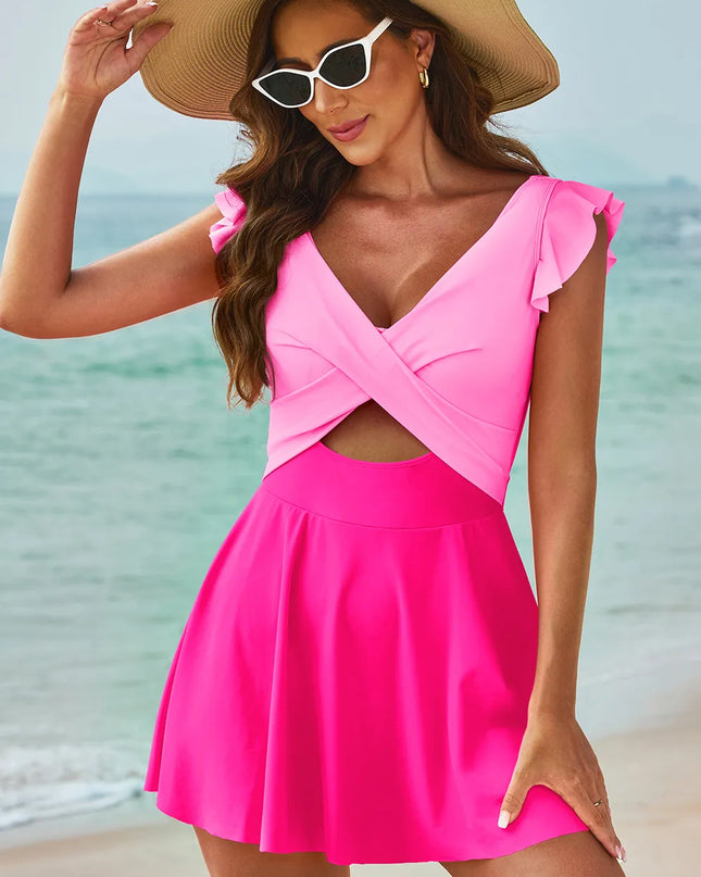 Cutout V-Neck Cap Sleeve One-Piece Swimwear Pink