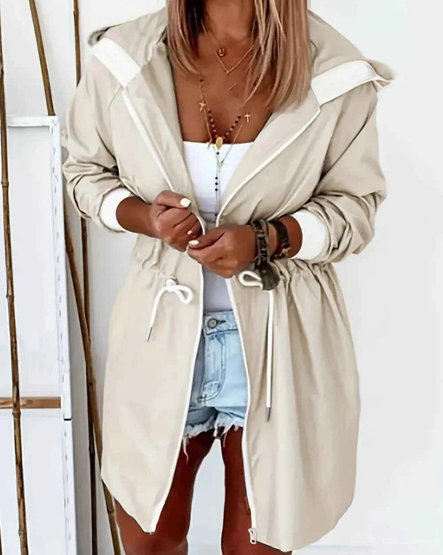 Drawstring Long Sleeve Hooded Trench Coat 