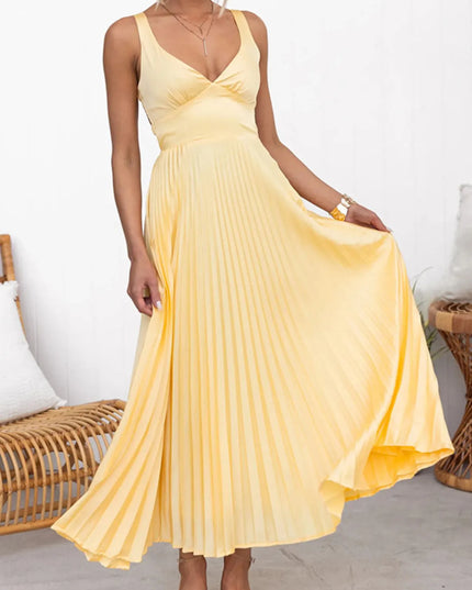 Pleated V-Neck Sleeveless Maxi Dress Yellow