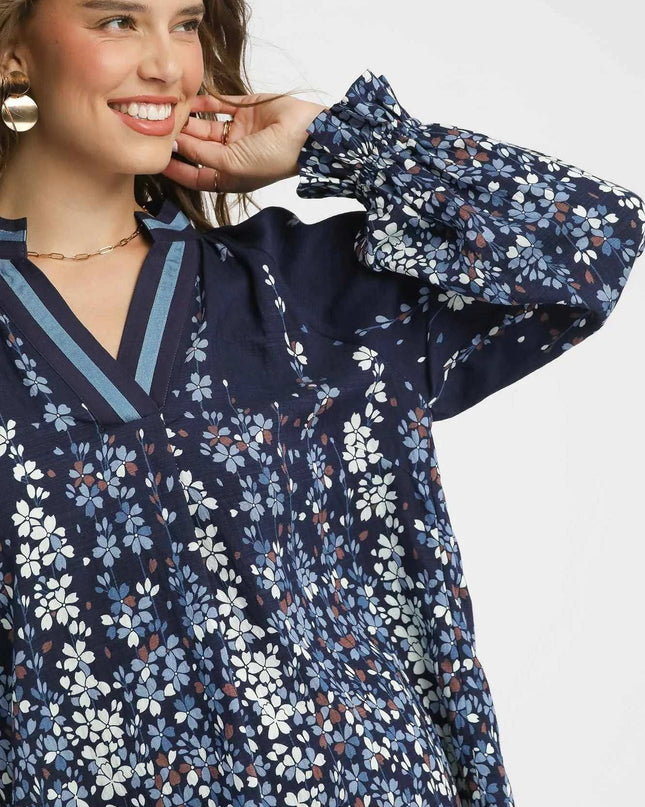 Umgee Full Size Floral Vine Print Blouse with Balloon Sleeves Plus Size