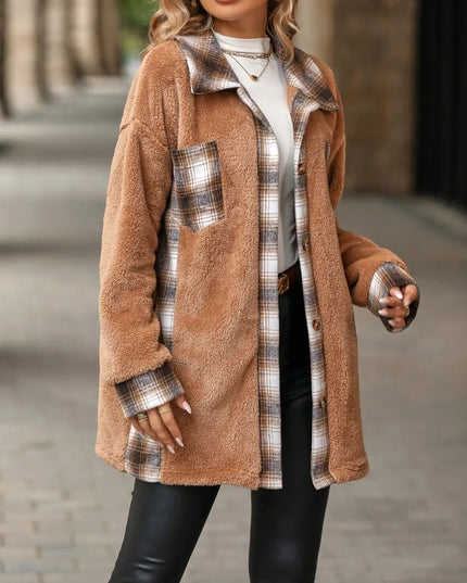 Plaid Contrast Dropped Shoulder Coat Khaki