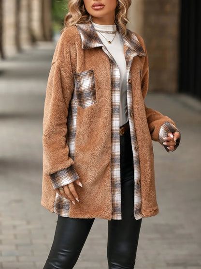 Plaid Contrast Dropped Shoulder Coat Khaki