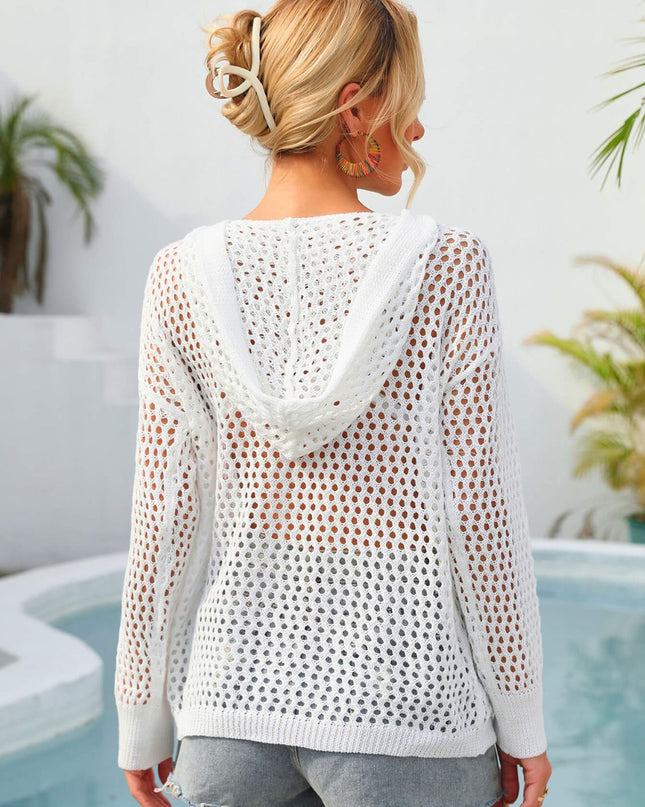 Angel Wings Flower Graphic Lace-Up Openwork Hooded Cover Up