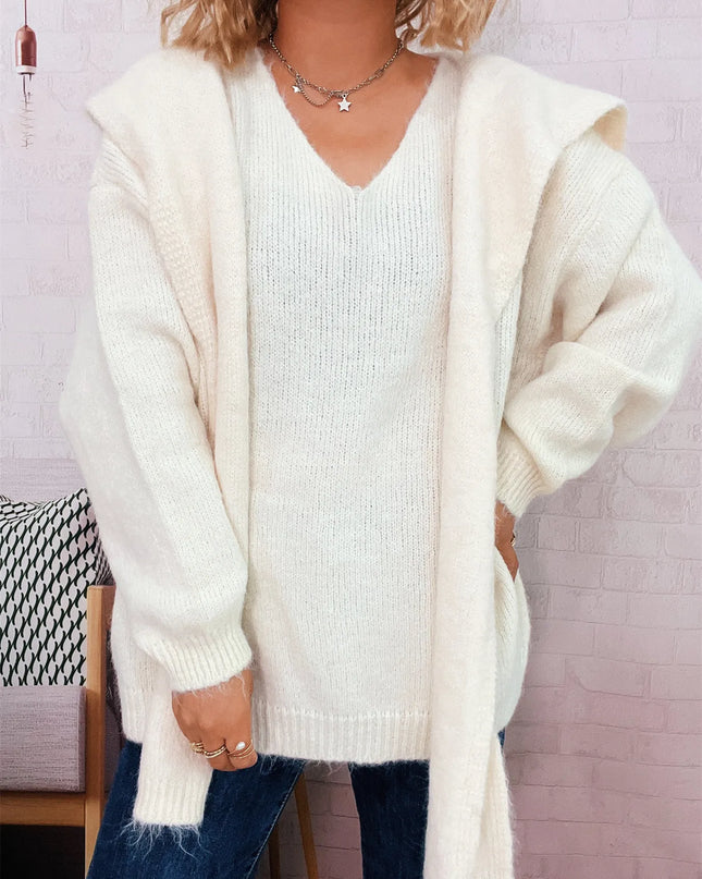 Ribbed Hem V-Neck Sweater with Shawl