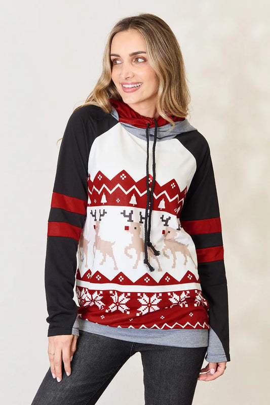 Double Take Full Size Christmas Drawstring Long Sleeve Hoodie Brick Red