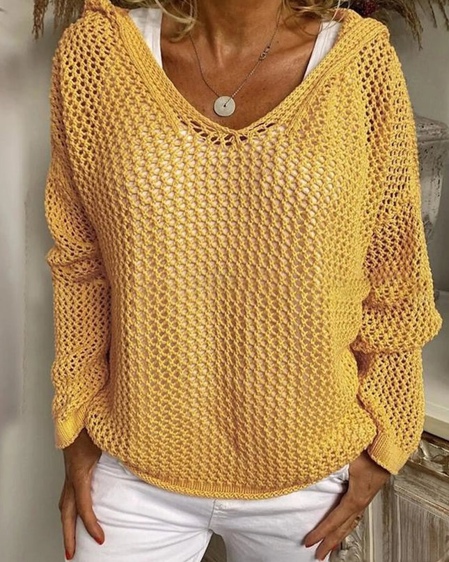 Openwork Long Sleeve Hooded Knit Cover Up Yellow