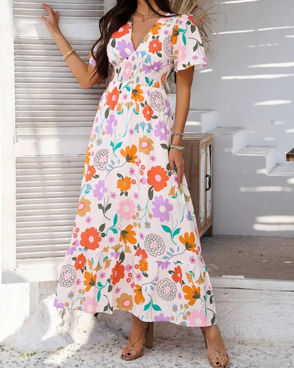 Devine Smocked Printed V-Neck Short Sleeve Maxi Dress