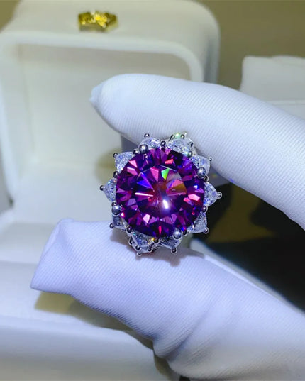 10 Carat Moissanite 925 Sterling Silver Flower Shape Ring Deep Purple