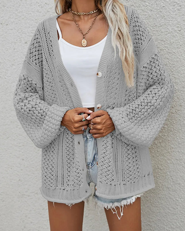 Openwork Button Front Cardigan Cloudy Blue