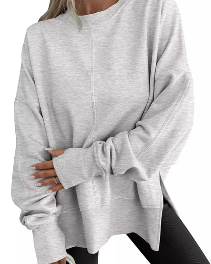 Side Slit Round Neck Long Sleeve Sweatshirt Gray