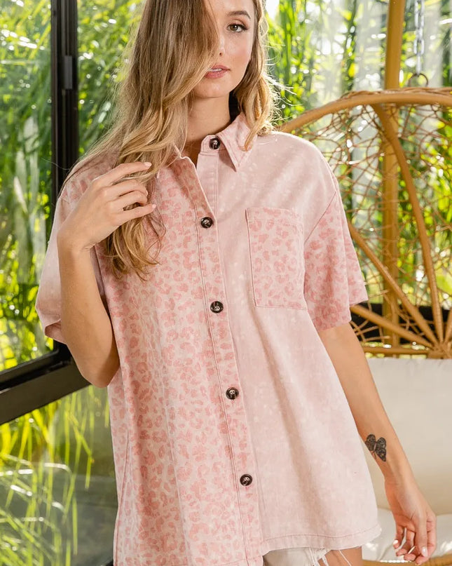 BiBi Mineral Washed Leopard Print Short Sleeve Shirt