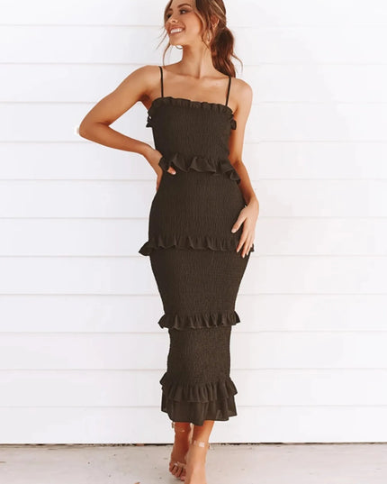 Smocked Ruffled Midi Cami Dress Black