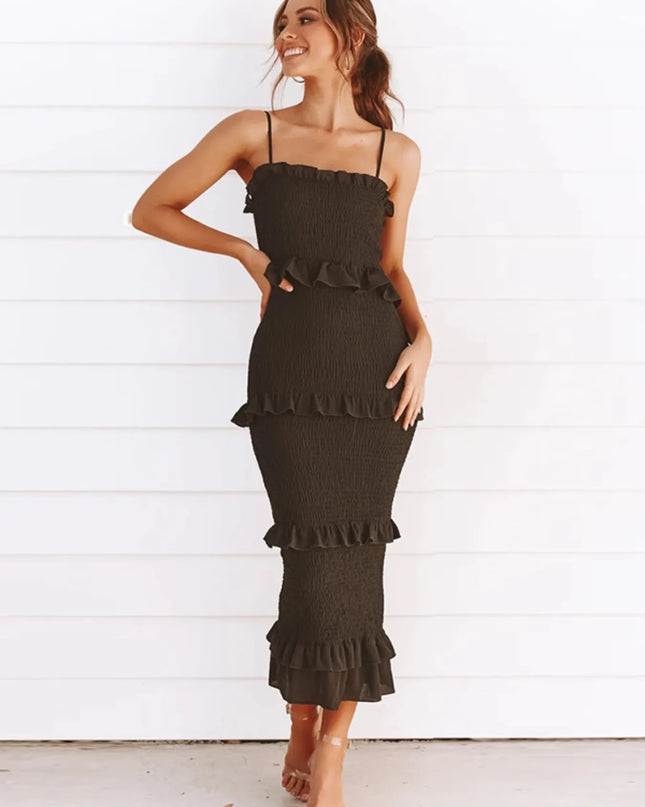 Smocked Ruffled Midi Cami Dress Black