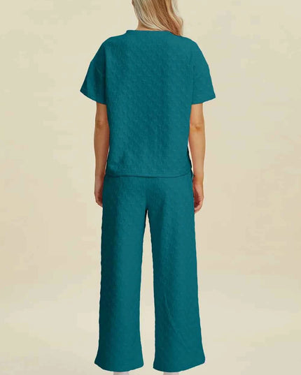 Double Take Full Size Texture Round Neck Short Sleeve Top and Pants Set