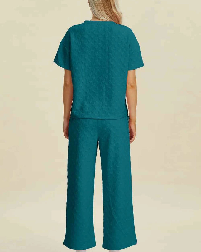 Double Take Full Size Texture Round Neck Short Sleeve Top and Pants Set
