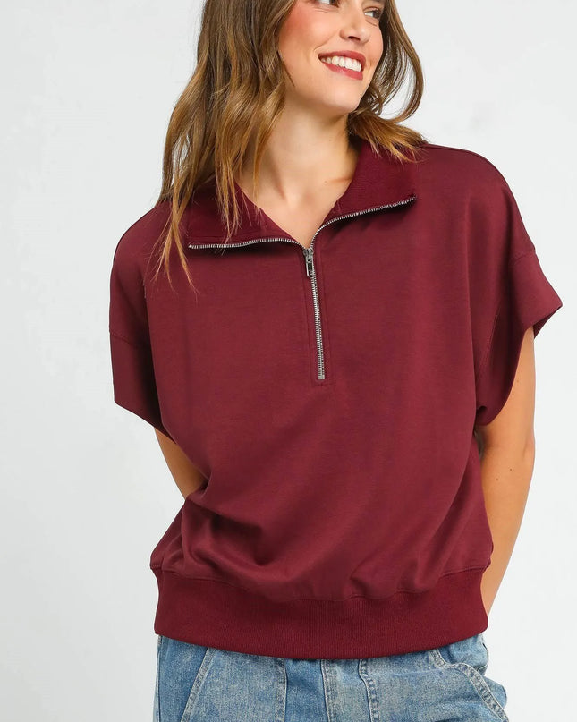 Umgee Full Size Half-Zip Short Sleeve Top Plus Size MAHOGANY