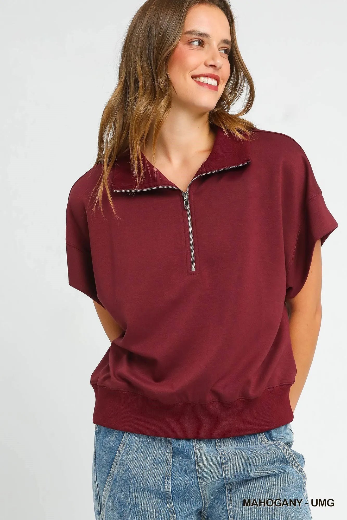 Umgee Full Size Half-Zip Short Sleeve Top Plus Size MAHOGANY