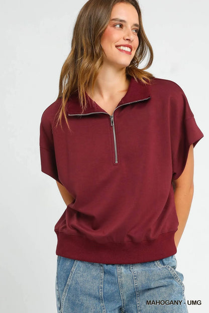 Umgee Full Size Half-Zip Short Sleeve Top Plus Size MAHOGANY
