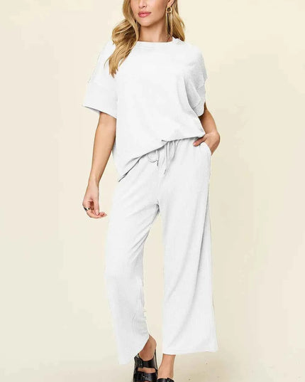 Double Take Full Size Texture Round Neck Short Sleeve T-Shirt and Wide Leg Pants