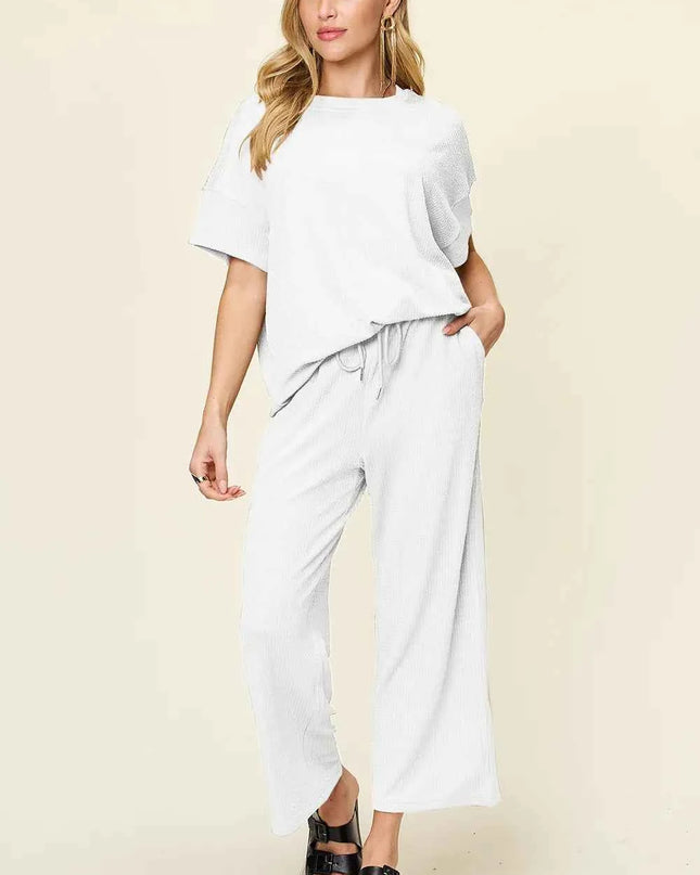 Double Take Full Size Texture Round Neck Short Sleeve T-Shirt and Wide Leg Pants