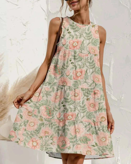 FAM-FAM Tiered Printed Round Neck Sleeveless Dress