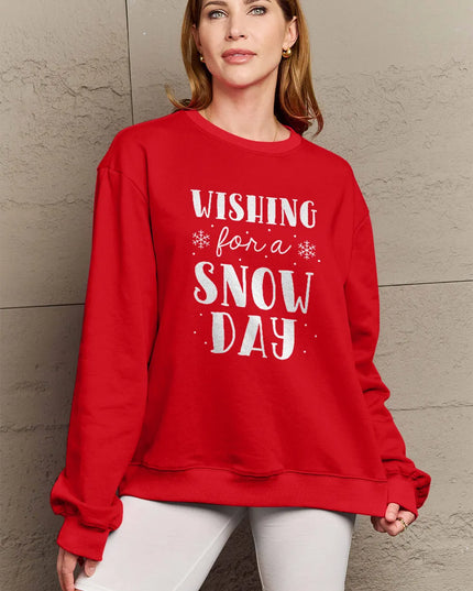 Simply Love Full Size WISHING FOR A SNOW DAY Round Neck Sweatshirt Burgundy