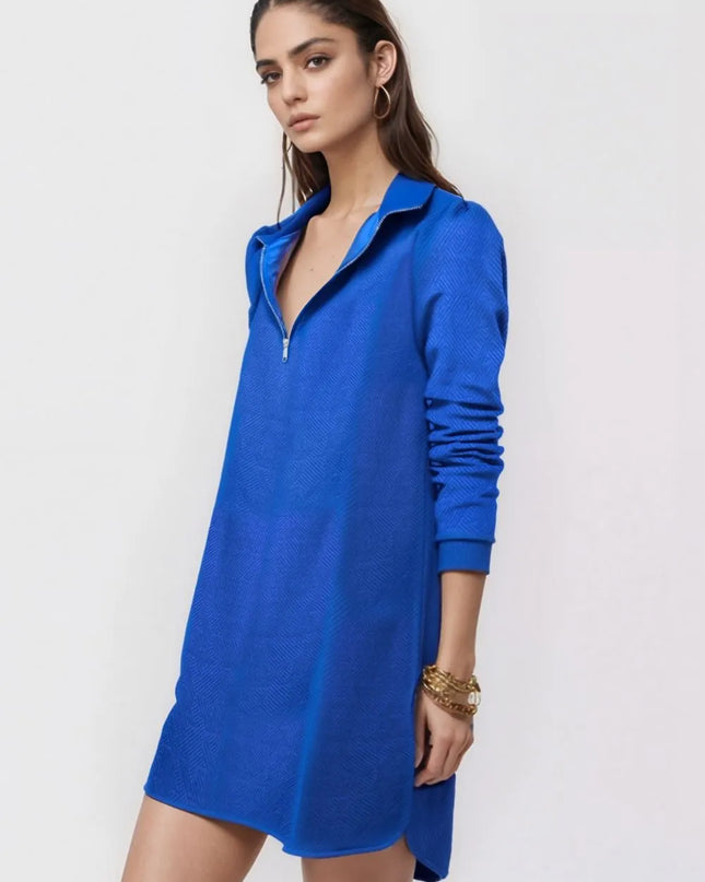 Double Take Textured Quarter Zip Long Sleeve Dress Blue