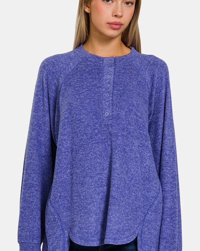 Zenana Full Size Brushed Melange Hacci High-Low Sweater Bright Blue