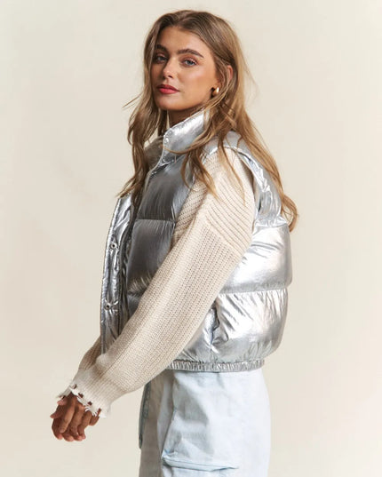 J.NNA Snap and Zipper Shiny Metallic Puffer Vest