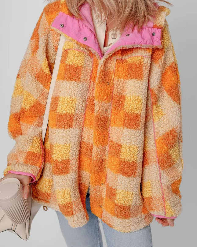 Checkered Long Sleeve Sherpa Hooded Jacket Tangerine