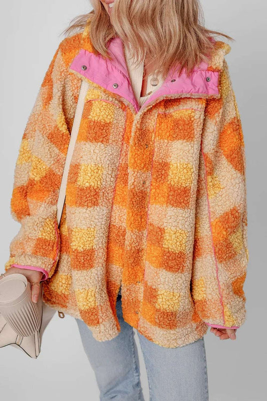 Checkered Long Sleeve Sherpa Hooded Jacket Tangerine