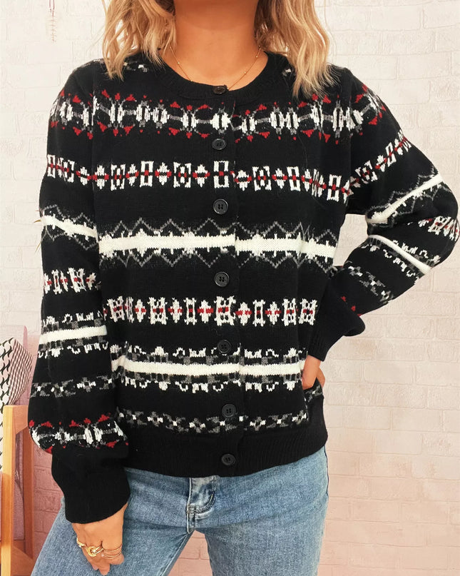 Vintage Pattern Button-Down Cardigan Black One Size