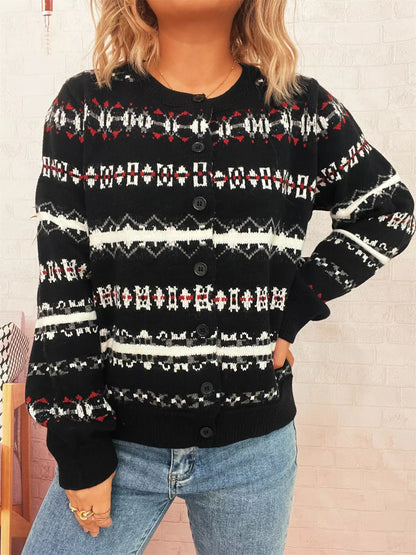 Vintage Pattern Button-Down Cardigan Black One Size