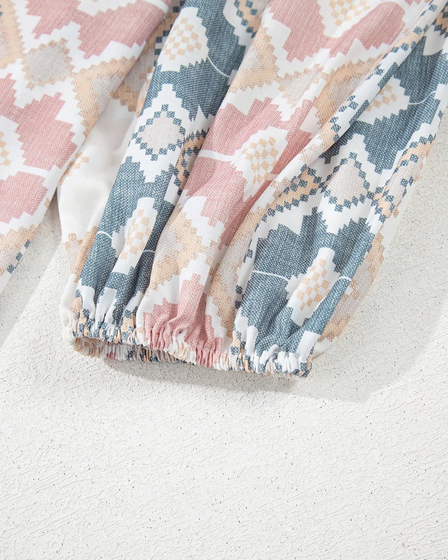 Bohemian Geometric Print Blouse with Tassel Tie