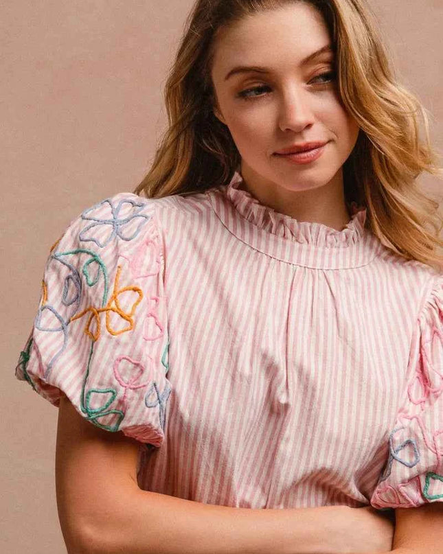 BiBi Embroidery Bubble Sleeve Top With Bottom Scallop Detail