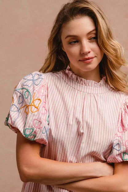 BiBi Embroidery Bubble Sleeve Top With Bottom Scallop Detail