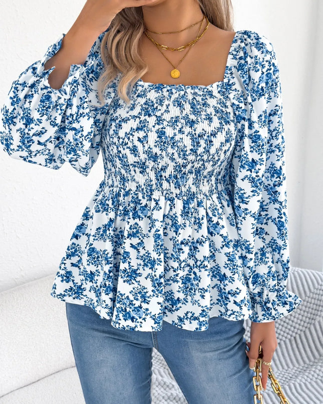 Floral Square Neck Flounce Sleeve Blouse 
