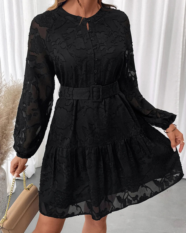 Button-Front Balloon Sleeve Mini Dress