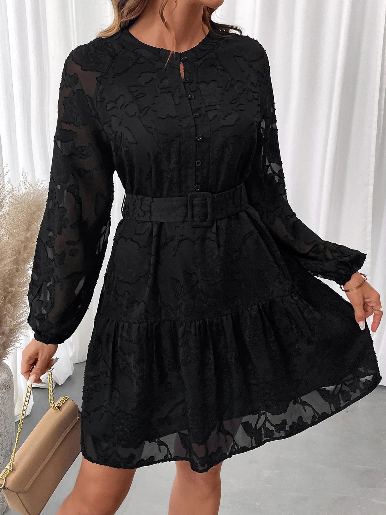 Button-Front Balloon Sleeve Mini Dress