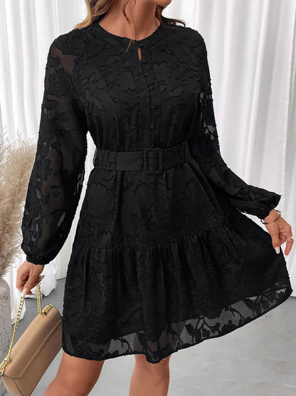 Button-Front Balloon Sleeve Mini Dress