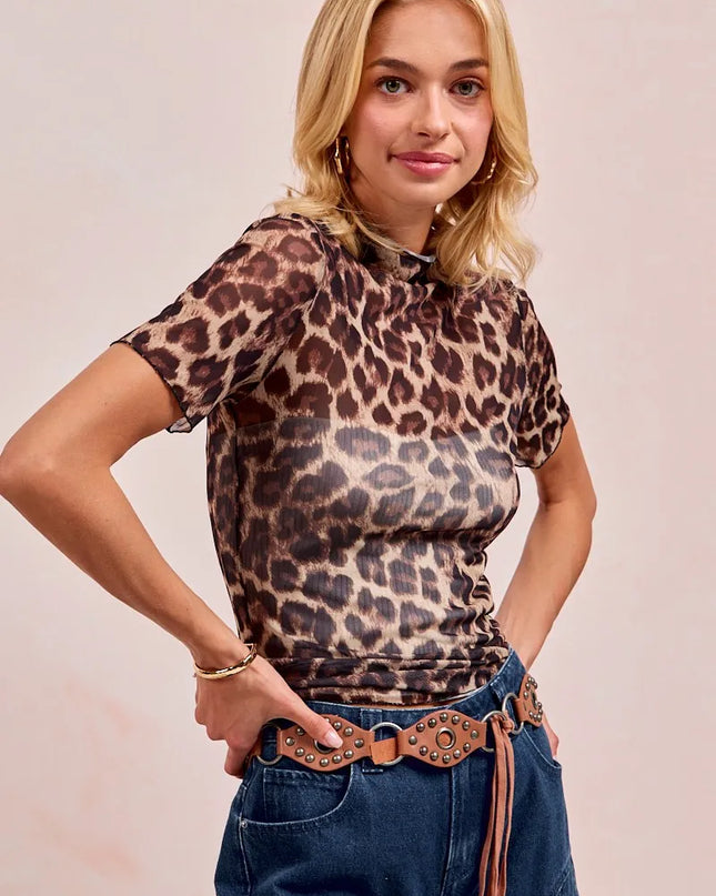 BiBi High Neck Leopard Mesh Short Sleeves Top