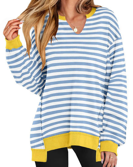 Notched Long Sleeve Oversized Sweatshirt Light Blue Stripes